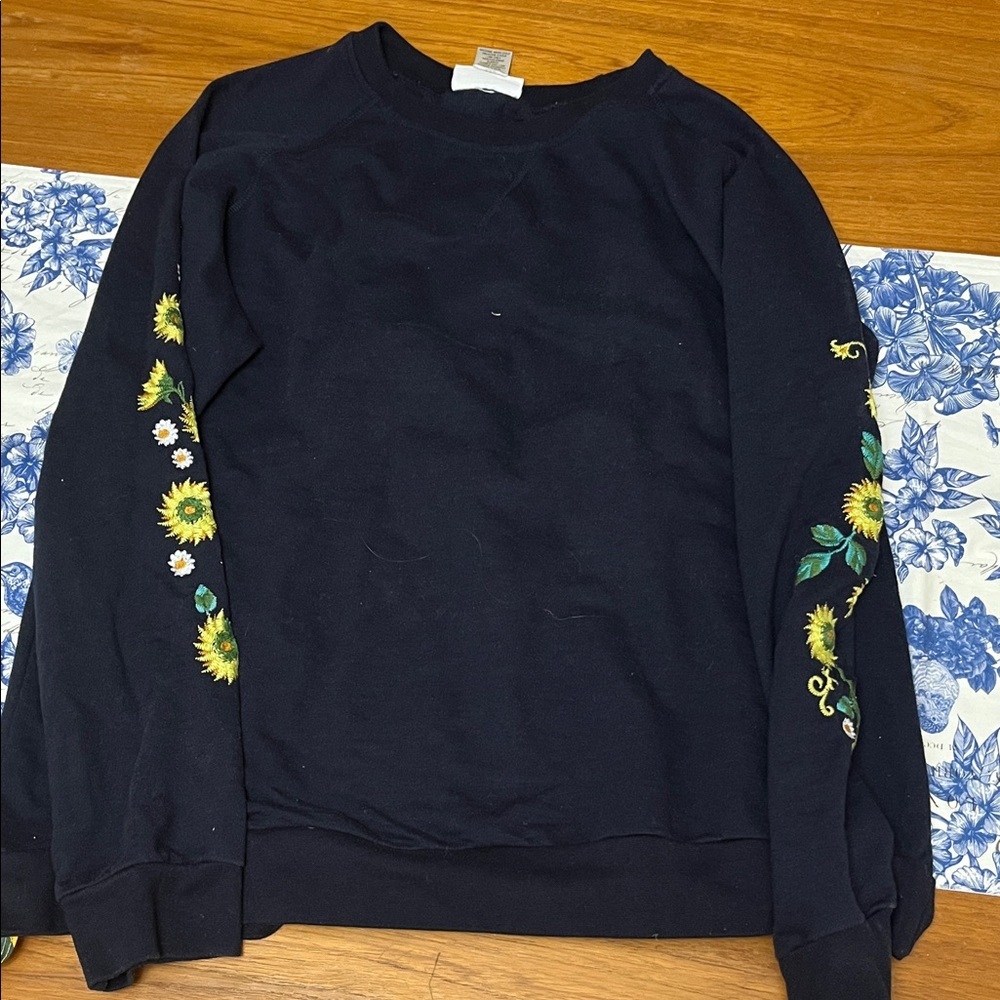 Country Store Navy Floral Embroidered Women's Sweatshirt Size XL